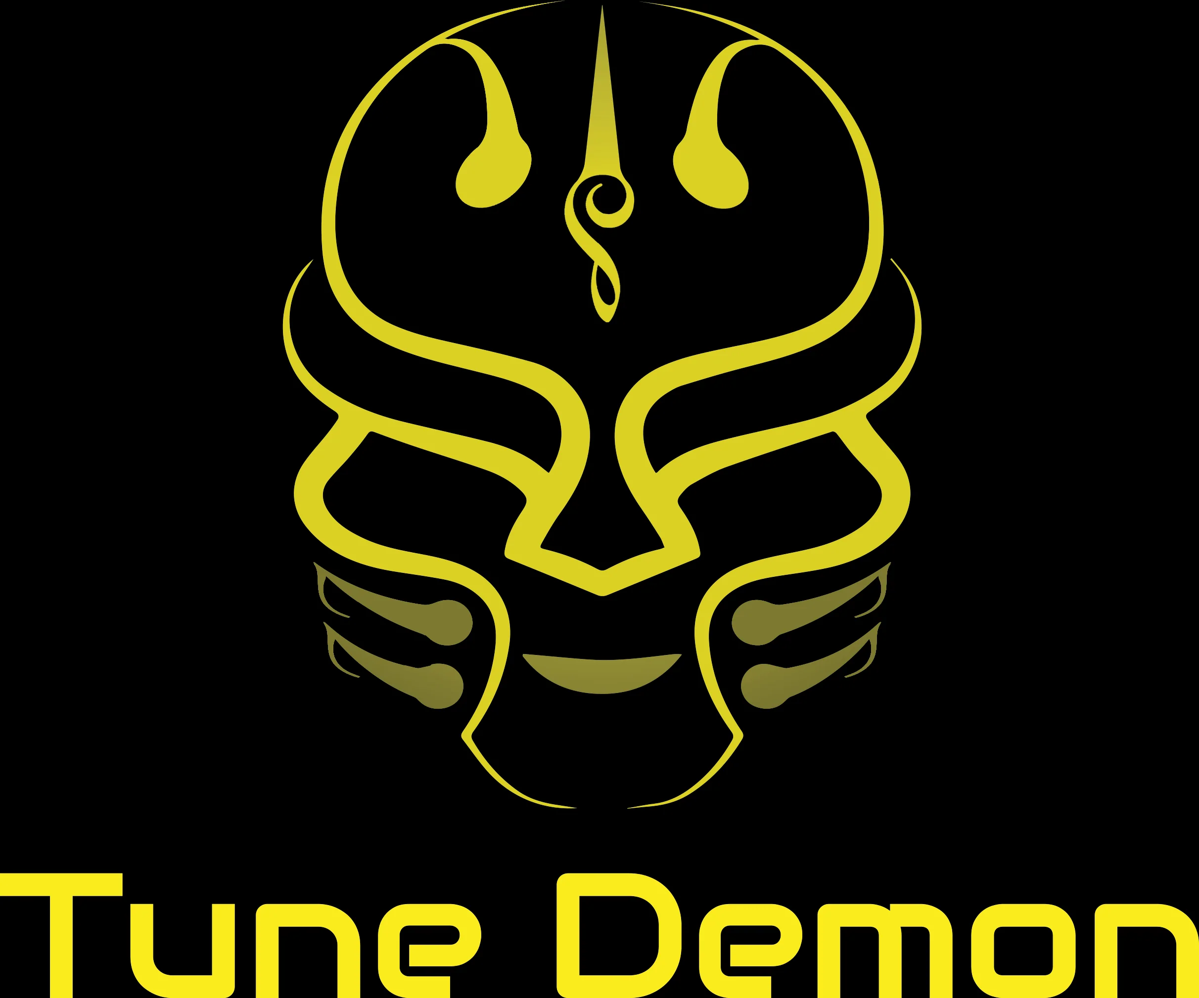 Yellow stylized demon face logo with curved horns and symmetrical features on black background